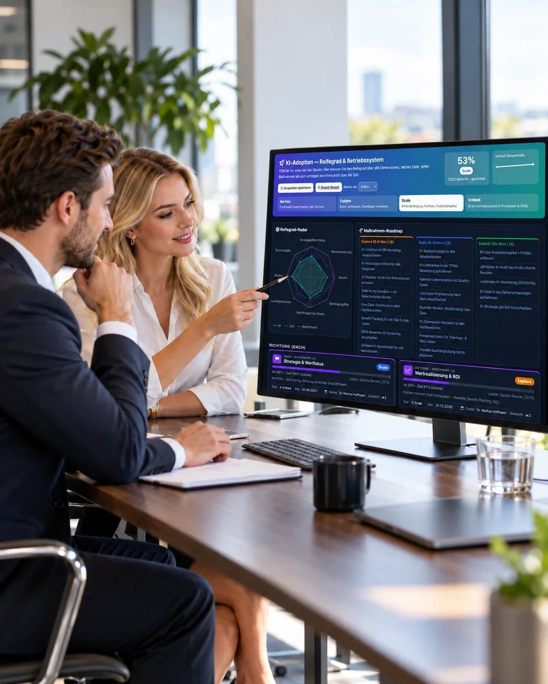 Zwei Personen besprechen am Bildschirm das KI-Adoption-Cockpit mit Reifegrad-Radar und Maßnahmen-Roadmap